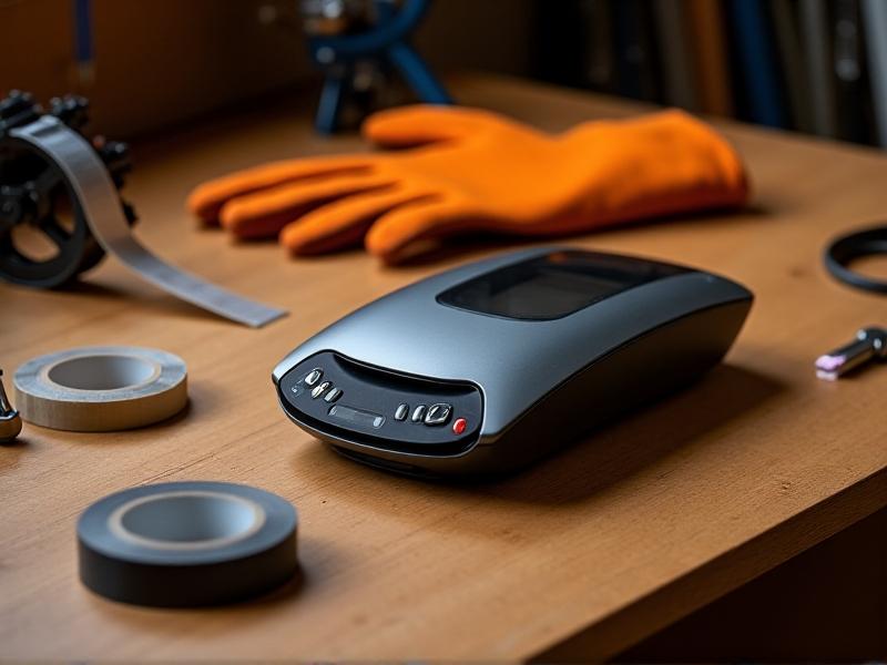 A modern handheld demagnetizer with a sleek metallic finish, placed on a wooden workbench alongside a tape reel and safety gloves, soft ambient lighting emphasizing precision engineering.