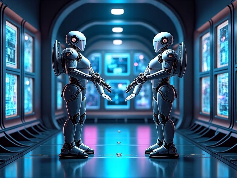 Autonomous robots equipped with articulated arms and optical sensors perform horn alignment in a futuristic control room with holographic displays and neon-lit interfaces.