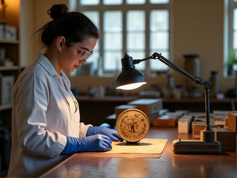 A restorer wearing blue nitrile gloves and safety goggles adjusts a magnifying lamp over a vintage counterweight. The clean, well-lit workspace features anti-static mats, labeled storage trays, and neutral-toned walls, emphasizing professionalism and safety.