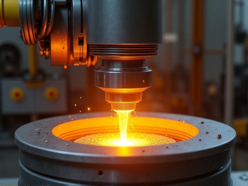 A robotic arm directs a concentrated laser beam onto a rotating capstan roller, creating a pool of molten Inconel alloy. Bright yellow-orange plasma forms around the deposition zone, with unfused metallic powder particles visible in the beam’s path.