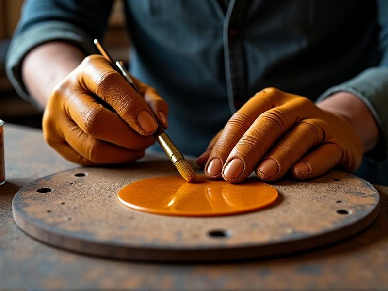 A craftsman applying viscous orange shellac adhesive to a deteriorated cork gasket using a fine-tipped brush. The gasket sits on a vintage driver’s flange, with aged leather gloves and a glass jar of adhesive visible in the foreground.