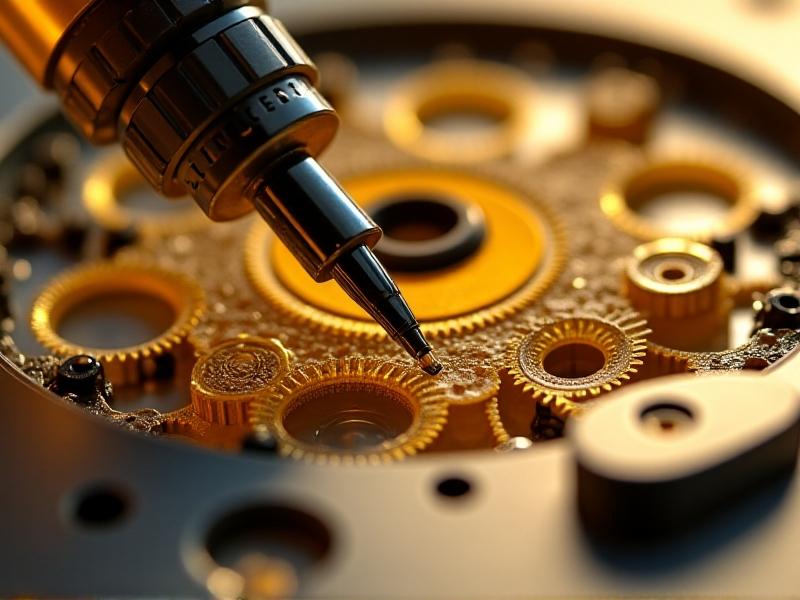 A macro photograph of a cassette deck's internal mechanism, with golden lubricant droplets applied to silver metal bearings and translucent nylon gears. Warm lighting casts subtle shadows, highlighting texture and viscosity. The focus is on a metal syringe applicator hovering above the components.