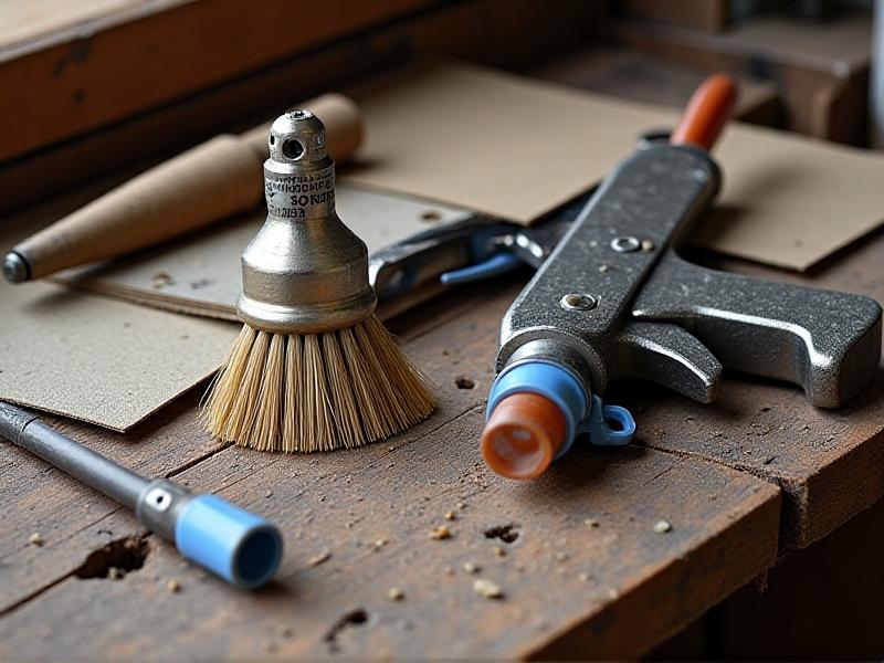 An organized collection of rust removal tools: brass wire brushes, sandpaper sheets, spray bottles labeled 'rust converter,' safety goggles, and a sandblasting gun on a rustic wooden workbench. Soft natural light emphasizes textures, from metallic tools to grainy wood surfaces.