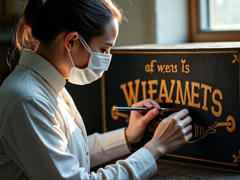 A conservator’s steady hand using a 00-size brush to retouch gold leaf lettering on a black steel faceplate. Natural light from a nearby window illuminates the delicate process.