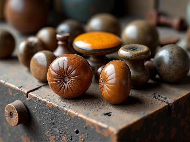 A collage of vintage knob materials: cracked Bakelite, tarnished brass, weathered walnut, and corroded steel, arranged on a rustic workbench with calipers and magnifying glass, lit by soft daylight.