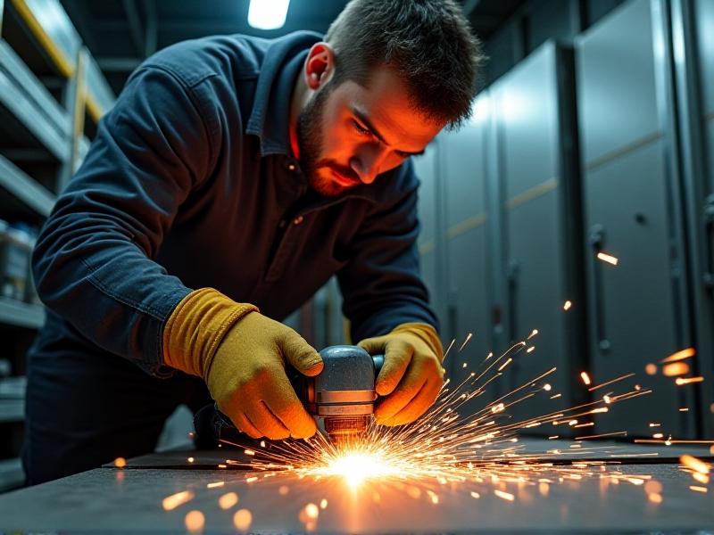 A close-up of a technician using an angle grinder on a rotating idler wheel, sending sparks flying. The workshop environment features steel tool cabinets and fluorescent lighting, with safety gloves visible. The rubber surface shows progressive smoothing under the grinding wheel.