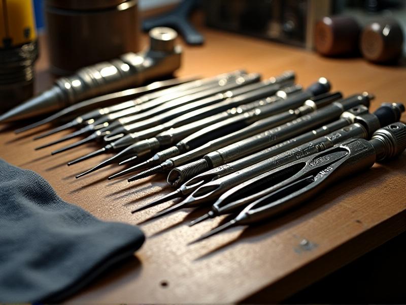 An organized workspace with precision screwdrivers, pliers, epoxy tubes, and silicone grease arranged on a wooden table. The composition is bright and inviting, with tools casting subtle shadows and a focus on metallic textures. A soft cloth in the corner hints at cleaning during repairs.