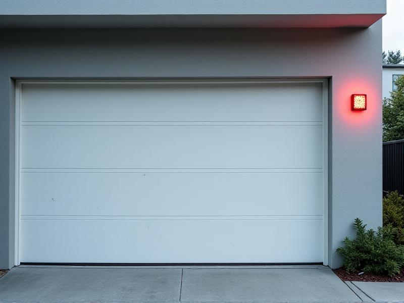 A modern white garage door halted midway during closure, with faint scratches on its panels and a wall-mounted sensor emitting a red warning light under overcast daylight. The image conveys frustration and malfunction.