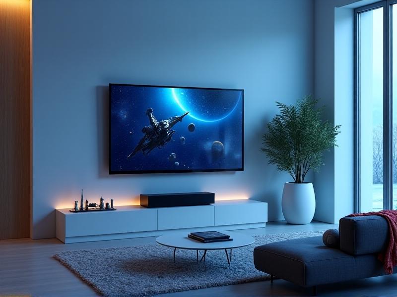 A modern home theater setup with a soundbar, subwoofer, and Dolby-equipped TV, bathed in ambient blue lighting, set against a minimalist living room backdrop.