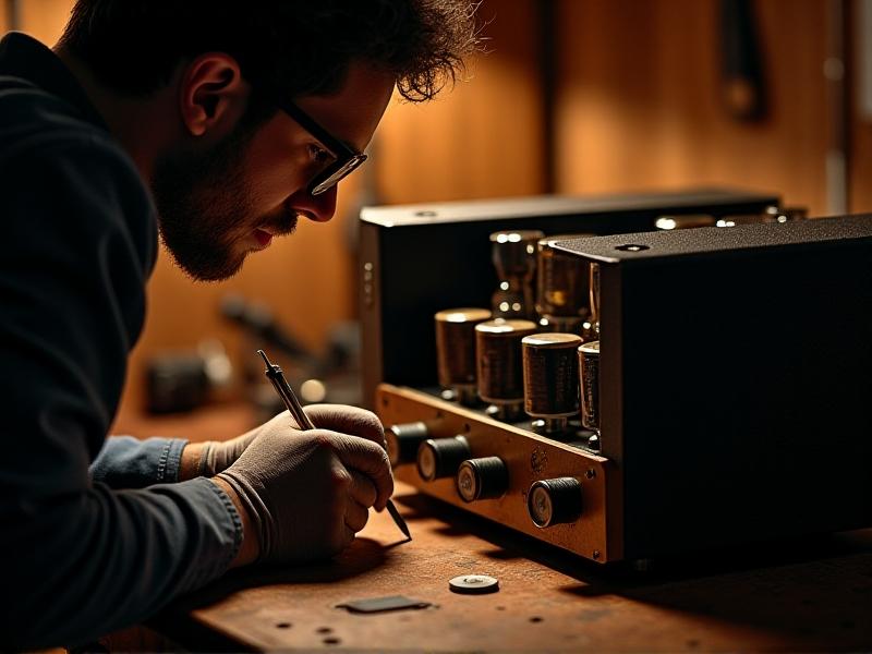 A technician’s hands wearing anti-static gloves, carefully opening a vintage amplifier chassis. Capacitors and transformers are visible inside, with a grounding probe placed on a large electrolytic capacitor. Soft ambient lighting with a slight vignette focuses attention on the workspace.