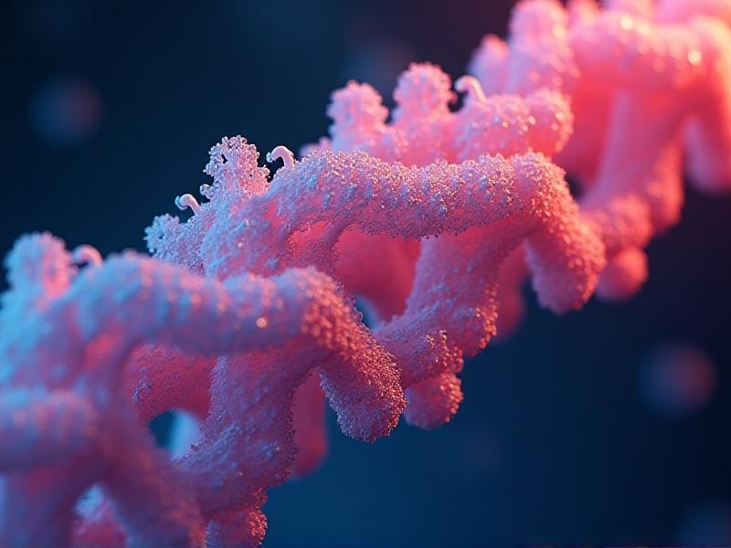 Microscopic view of a viscoelastic polymer's molecular structure, showcasing entangled chains and energy-absorbing bonds. Vibrant colors differentiate molecular components against a dark background, with soft lighting emphasizing scientific detail.