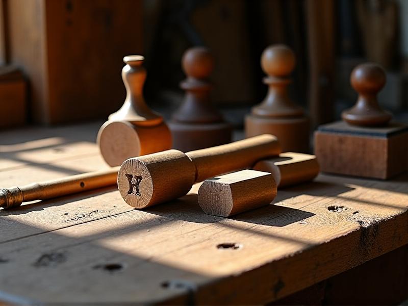 A rustic workshop table strewn with knob-making tools: a hand-forged chisel, a wooden mallet, a brass caliper, and blocks of walnut and brass. Warm overhead lighting casts shadows, emphasizing the textures of raw materials and vintage tools.