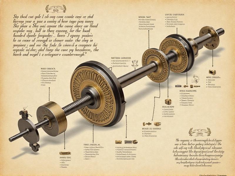 An exploded technical diagram of a vintage tonearm counterweight with labeled parts: brass weight, calibration dial, spindle, and set screws. Rendered in a retro blueprint style with sepia tones, emphasizing precision engineering and mechanical complexity.