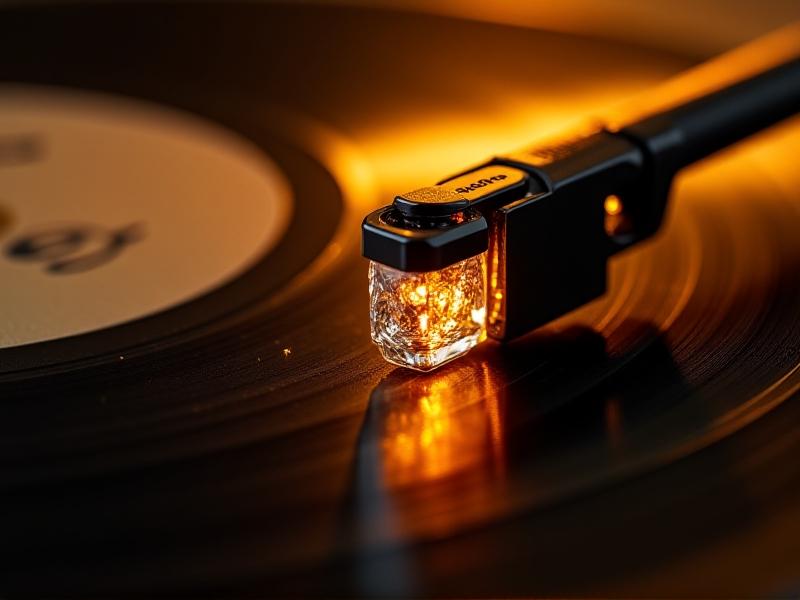 A high-resolution macro shot of a diamond stylus tracing the grooves of a vinyl record. Warm golden light highlights the textured surface of the record, with vivid details of the stylus tip and grooves. The image symbolizes the delicate interaction between hardware and media in analog audio playback.