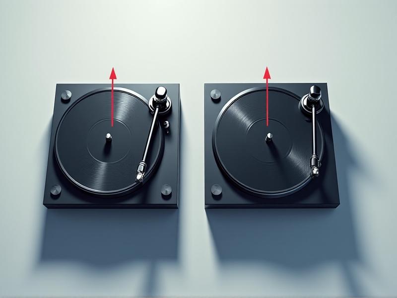 A side-by-side comparison of a correctly aligned tonearm and a misaligned one, with red arrows highlighting uneven angles. Cool-toned lighting contrasts the right and wrong setups, emphasizing the importance of precision in turntable maintenance.