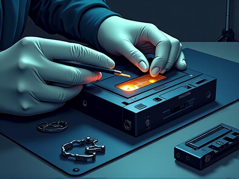 Close-up of gloved hands applying oil to a cassette deck's capstan using a precision needle applicator. The workspace features a matte black repair mat, tweezers, and a disassembled Walkman. Cool-toned LED task lighting emphasizes focus on the technician's methodical process.