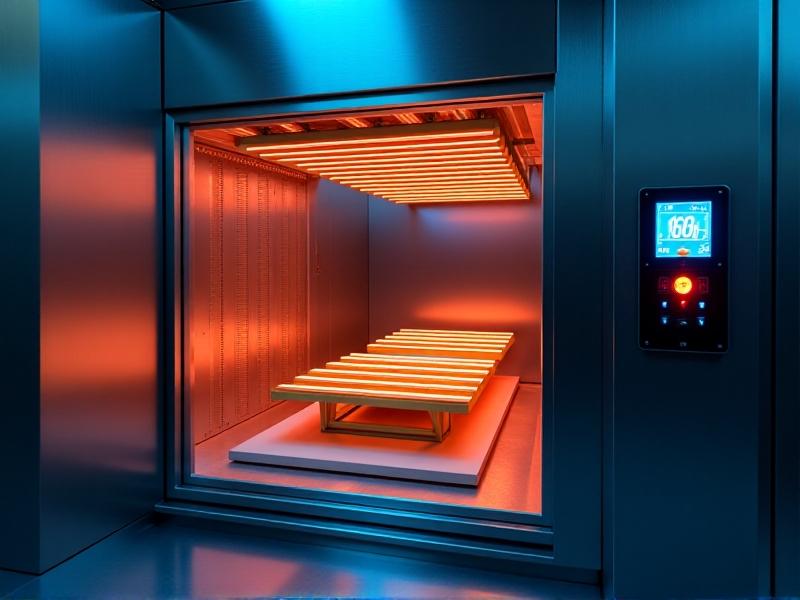 An industrial heat chamber with a baffle board suspended inside, surrounded by glowing orange heating elements and digital temperature displays. The sterile, high-tech environment features stainless steel surfaces and blue LED lighting, emphasizing controlled thermal correction. Keywords: thermal treatment, warp correction, moisture control.