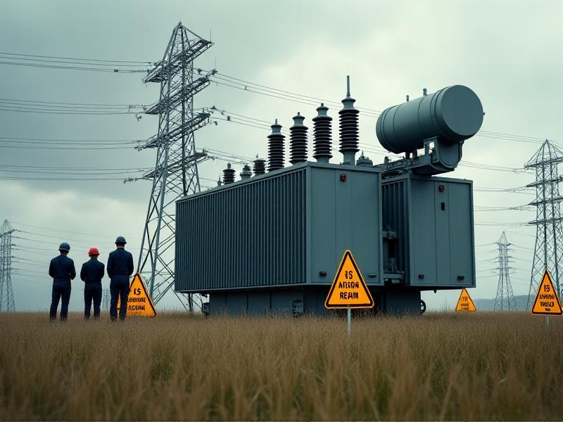 A large power transformer stands in a grassy substation under a cloudy sky. Yellow caution signs surround the unit, and a service team reviews diagnostic data on a tablet. Wide-angle composition highlights infrastructure scale. Keywords: transformer maintenance, electrical grid reliability, dielectric testing applications.