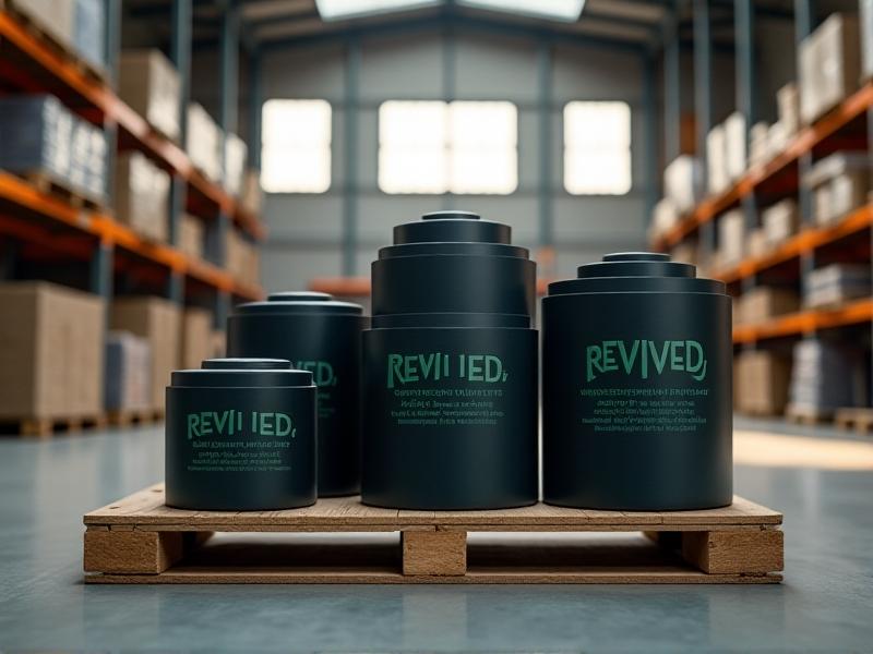 A pallet stacked with revitalized rubber pinch rollers in a warehouse setting, showcasing varying sizes with refreshed black surfaces, labeled ‘REVIVED’ in green stencil, under soft natural light from high windows, symbolizing sustainability and cost-efficiency.