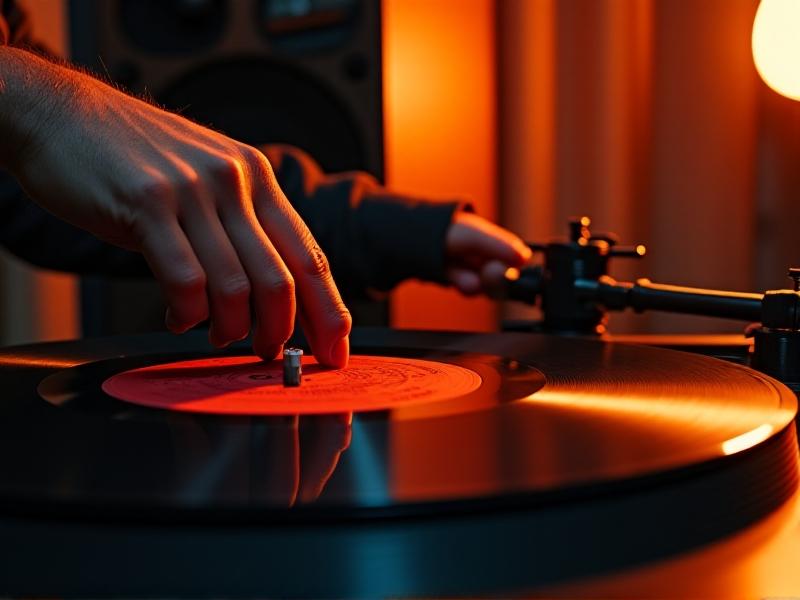 Close-up of hands adjusting a turntable tonearm over a spinning vinyl record, with warm studio lighting casting sharp shadows, emphasizing focus and manual dexterity.