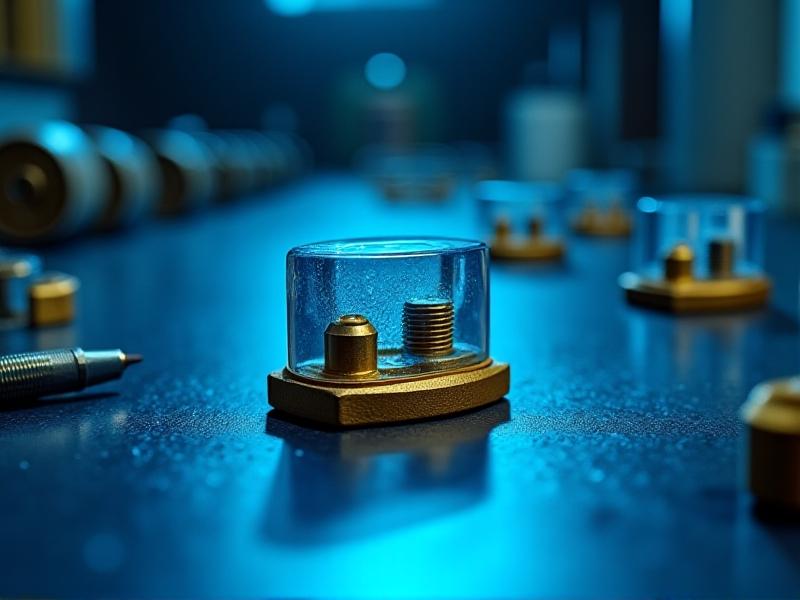 A shiny brass battery terminal coated with a translucent blue anti-corrosive polymer, displayed in a laboratory setting. The image highlights the smooth texture of the coating, metallic sheen, and precision application tools in the background under cool LED lighting.