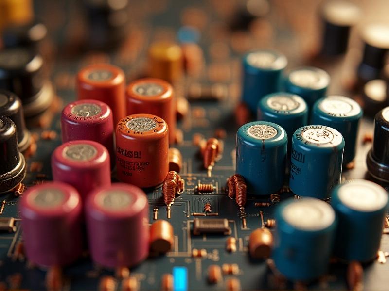 Side-by-side comparison of 1950s and 1970s speaker crossover networks, one with wax-coated capacitors and hand-wound coils, the other with colorful polyester capacitors and modular design, sepia-toned background evoking technological progress.