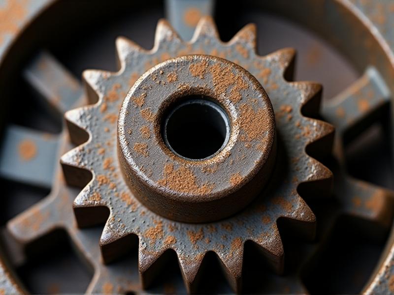 A close-up macro photograph of a corroded steel gear with chipped teeth inside an auto-return assembly, illuminated by stark industrial lighting that highlights rust and pitting on the metal surface.