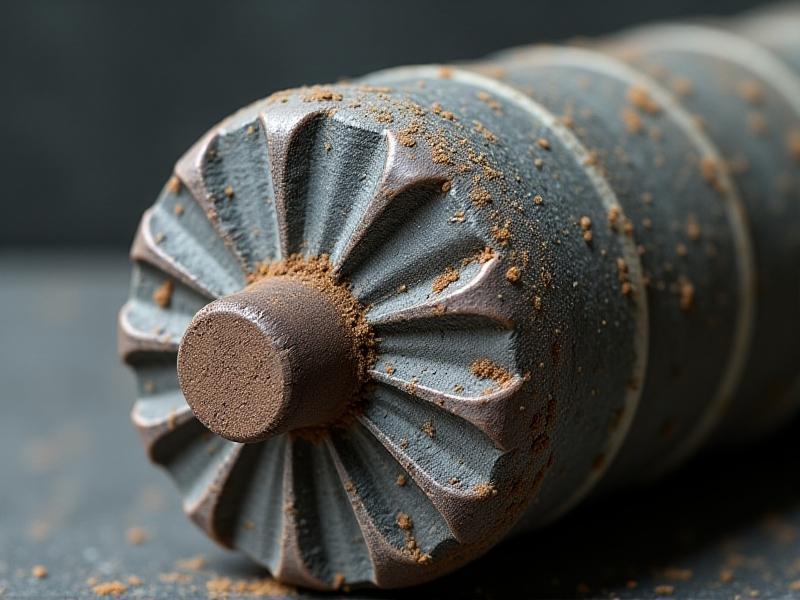 A macro photograph of a deteriorated rubber pinch roller, highlighting deep radial cracks across its oxidized gray surface, rusted metal end caps, and flecks of adhesive residue, captured under harsh directional lighting to emphasize texture and damage.