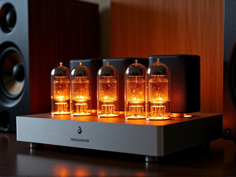 A high-end stereo amplifier with exposed output transformers, glowing vacuum tubes, and brushed aluminum finish. Soft ambient lighting accentuates the warm orange glow of the tubes, set against a backdrop of acoustic paneling and studio monitors.