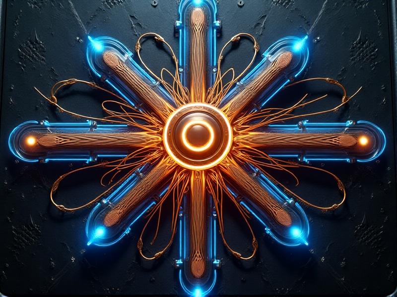 Overhead view of a studio rack with glowing gold grounding wires converging at a central copper bus bar. Equipment units show blue energy flow lines radiating outward in a starburst pattern, set against a dark textured metal background with soft blue accent lighting.
