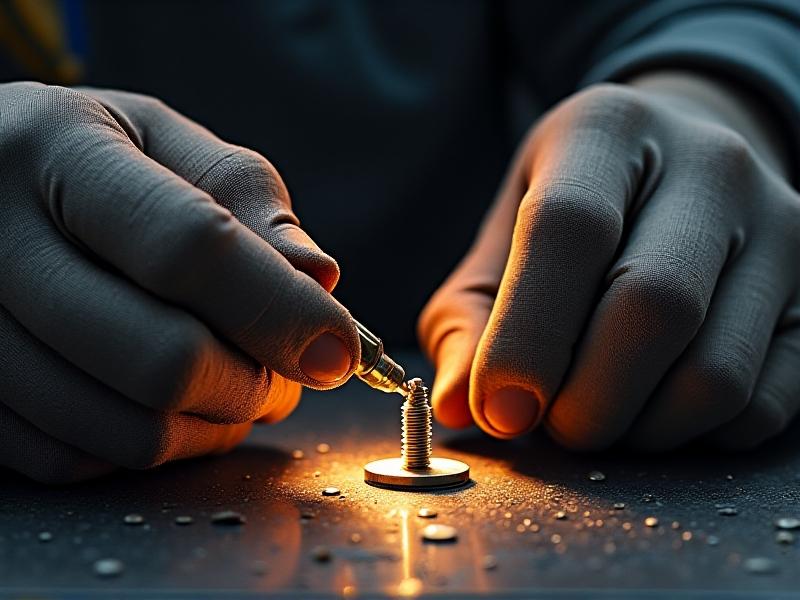 A mechanic’s gloved hands applying anti-seize lubricant to a chassis screw using a precision applicator. The grease glistens silver under warm workshop lights, contrasting with the dark, greasy tool rack in the background. Focus is on the meticulous coating process.