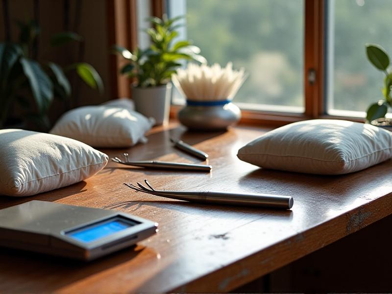 An array of tools for Dacron refilling laid out on a workbench: tweezers, a handheld vacuum, a digital scale, and bags of pristine white fibers. Natural daylight from a nearby window illuminates the scene, creating a practical, workshop-ready atmosphere.