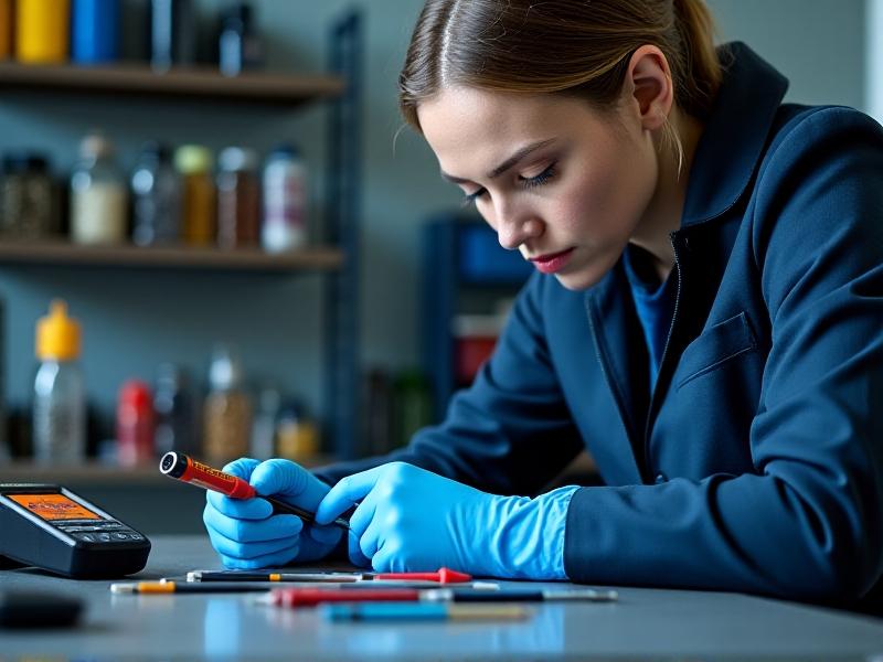 A technician’s hands wearing blue nitrile gloves, holding insulated screwdrivers and a digital multimeter on a clutter-free workspace. The image features soft lighting, organized tools, and a focus on safety gear, conveying preparedness and caution.