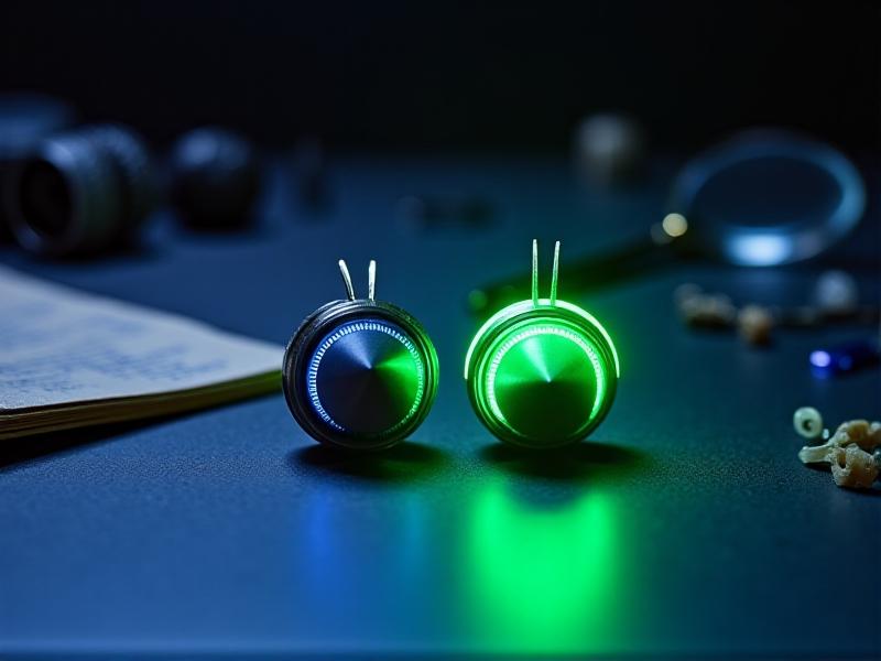 Two VU meter needles side by side: one original equipment manufacturer (OEM) needle with a matte silver finish and slight patina, and a glossy aftermarket needle in neon green. A faded service manual lies in the background, with tools like tweezers and a magnifying glass adding context to a repair workspace.