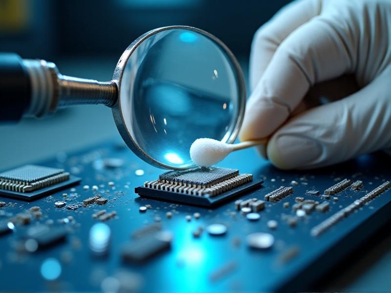 A magnifying glass reveals a freshly cleaned control pot with shiny silver contacts. A gloved hand holds a cotton swab dipped in isopropyl alcohol, with delicate strokes removing residual oxidation. The background is blurred, drawing focus to the meticulous detail of the process.