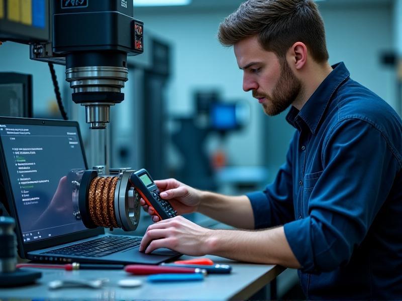 An engineer uses a digital multimeter to test terminals on a direct drive motor mounted in a CNC machine. The motor’s copper windings and modular encoder are visible, with a cooling fan in the background. The workspace is organized, with diagnostic tools and a laptop displaying firmware update prompts. Cool-toned lighting emphasizes a high-tech environment.