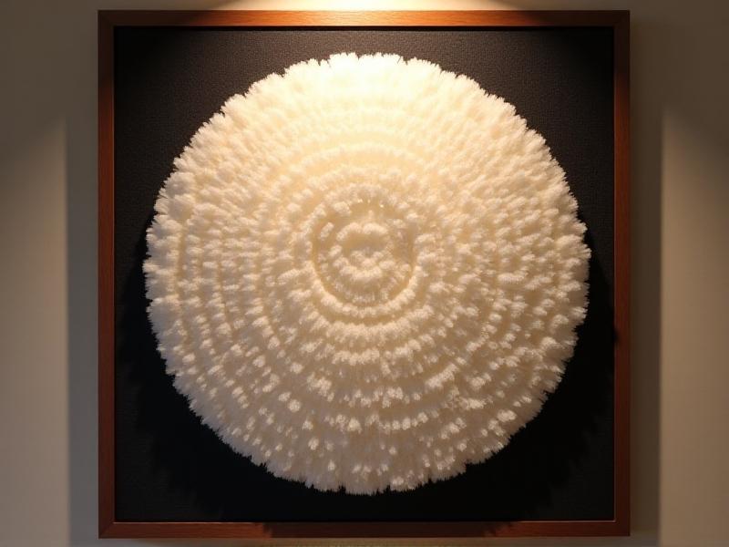 A cross-sectional view of an acoustic panel filled with fluffy white Dacron fibers. The fibers are densely packed yet porous, layered between wooden frames and black fabric mesh. Warm overhead lighting casts subtle shadows, emphasizing the material’s role in sound diffusion and absorption.
