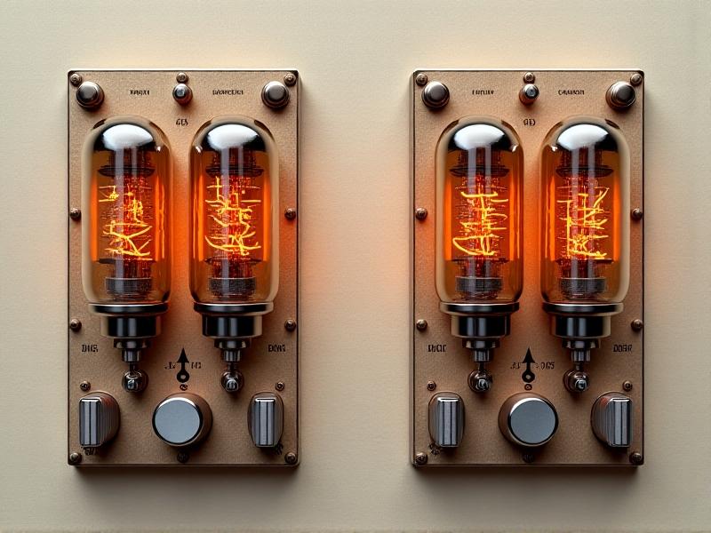 Side-by-side renderings of fixed and cathode bias circuits. The left circuit features a potentiometer and precision resistors; the right shows a cathode resistor and capacitor. Warm amber tones for tubes, cool silver for components, with arrows illustrating current paths.