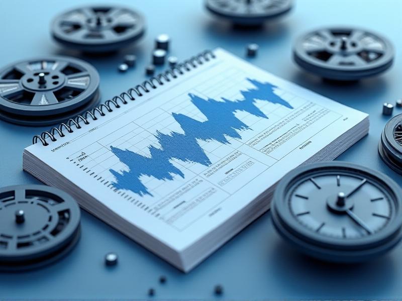 A calendar overlapped with a waveform graph, symbols of tape reels and clocks, cool-toned background representing structured scheduling and data-driven maintenance.