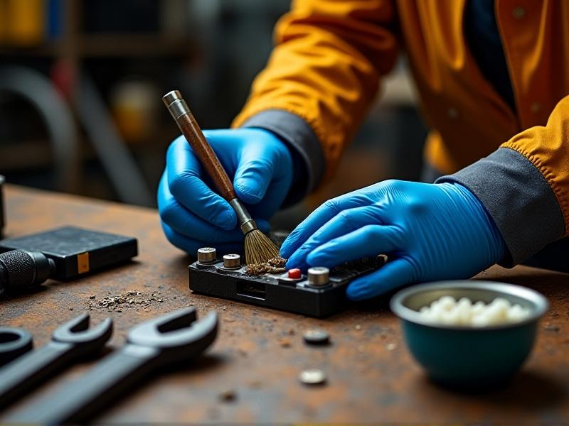 A technician in blue gloves using a wire brush to clean a car battery terminal, with cleaning tools and a pot of baking soda paste on a metal workbench. Warm workshop lighting casts sharp shadows, emphasizing focused hands and spark-free tools.