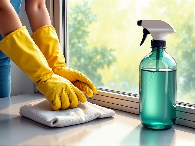 A person wearing yellow rubber gloves gently scrubbing aluminum door trim with a white microfiber cloth and a spray bottle labeled ‘pH Neutral Cleaner.’ The trim gleams under soft daylight, with water droplets visible on the surface. The image conveys careful, non-abrasive maintenance.