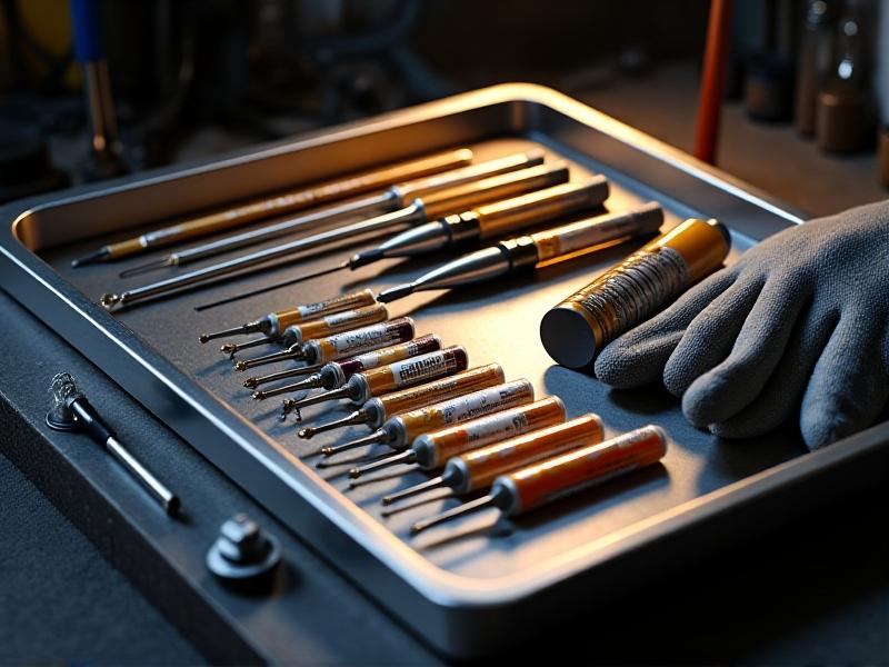 A neatly organized toolkit for knob repair: precision screwdrivers, jeweler’s loupe, brass brushes, tubes of industrial adhesive, and latex gloves, arranged on a stainless steel tray with dramatic shadow play.