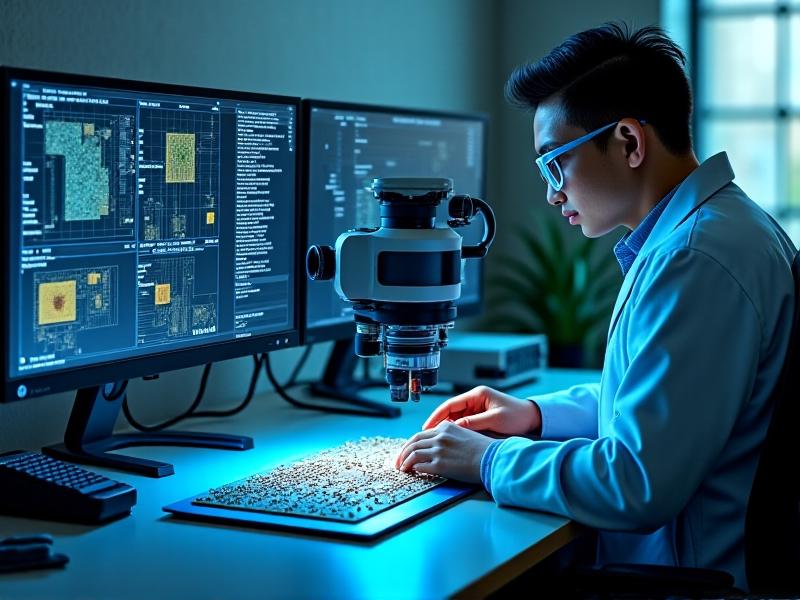 A well-organized modern engineering workstation featuring a high-resolution LCD microscope connected to dual monitors displaying circuit board CAD models. The desk contains precision tools including a digital multimeter, spectral analyzer, and anti-static mat with a partially disassembled microcontroller board under examination. Cool-toned LED lighting creates a focused technical atmosphere.
