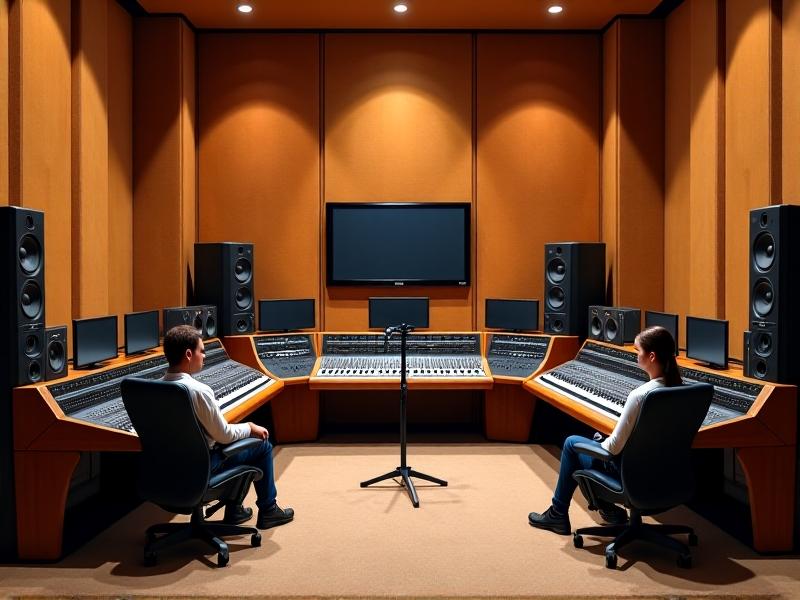 Professional music studio with treated walls and damping-treated speaker cabinets. Warm lighting enhances wooden surfaces and acoustic panels, creating a creative, high-tech environment.