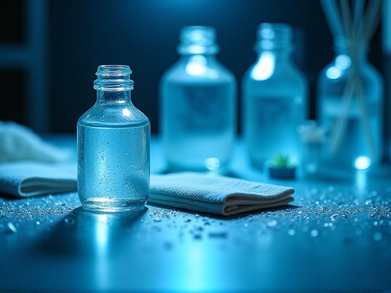A neatly organized workspace with 99% isopropyl alcohol, microfiber cloths, a soft-bristle brush, and cotton swabs. Cool-toned lighting emphasizes precision, with shallow depth of field highlighting the tools’ textures.