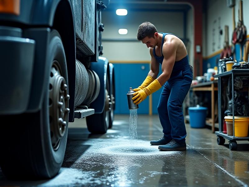 A mechanic wearing blue gloves scrubbing a truck chassis with a degreasing agent, soapy foam covering the metal surface. Water droplets glisten under bright workshop lights, with cleaning tools laid out on a cart nearby.